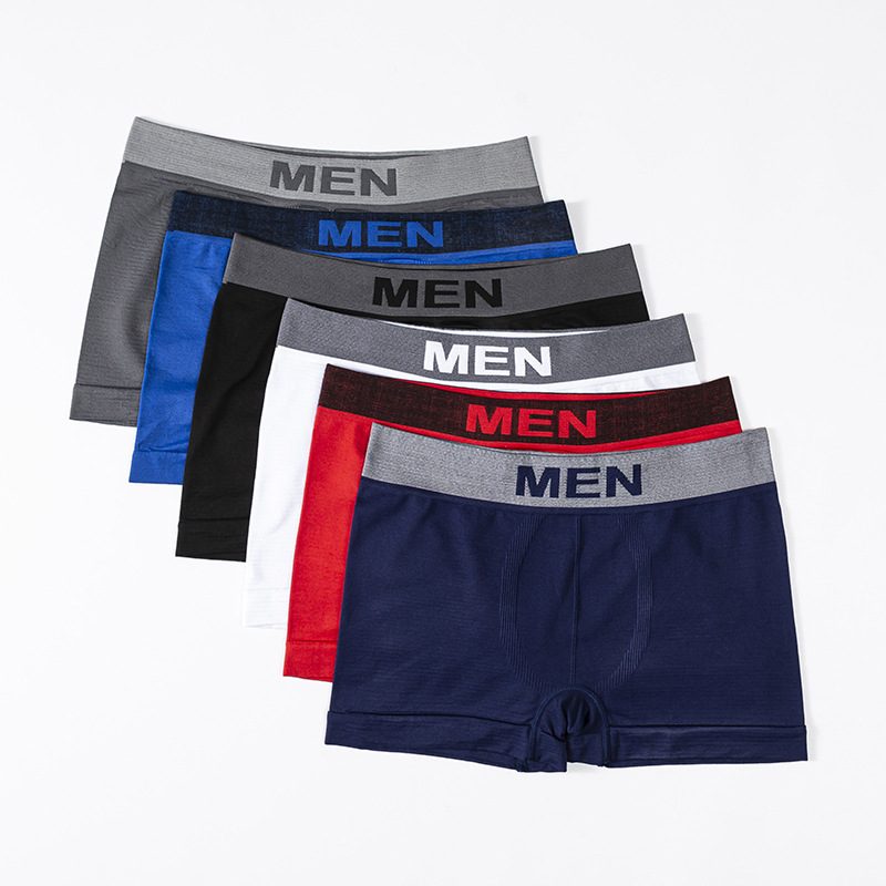 Six men's boxer briefs in grey, blue, black, white, red and navy.