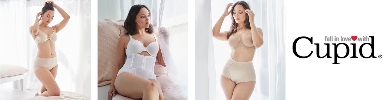 Three Cupid shapewear and bra styles photographed on models, alongside the Cupid brand mark.