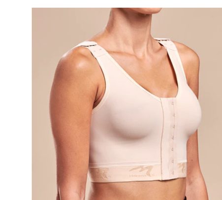 A front-closure post-surgical compression bra.