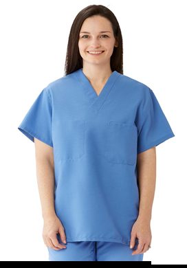 A ceil-blue V-neck scrub top.